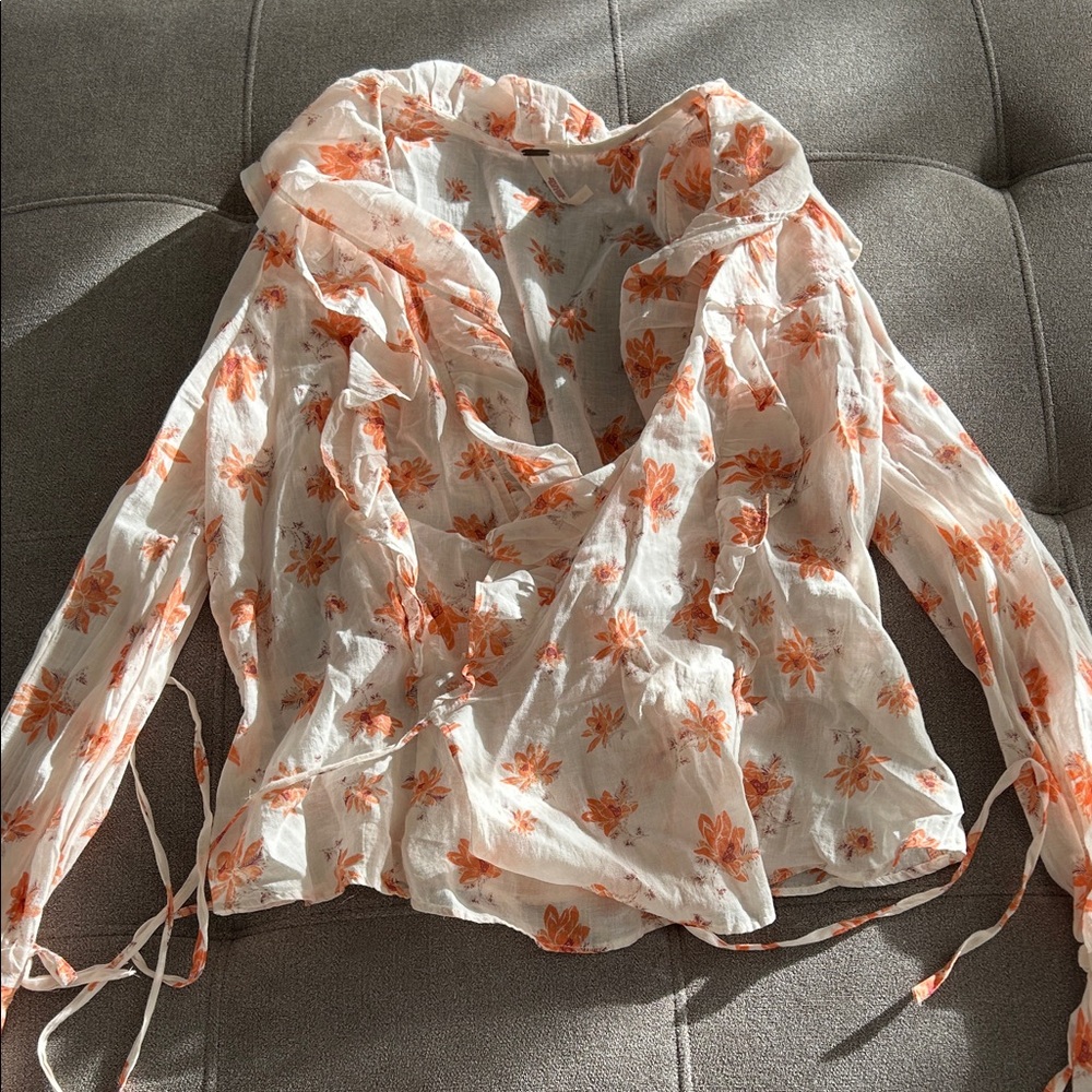 Free People Floral Ruffle Blouse - Orange and White